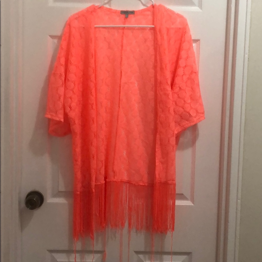 Neon pink fringe kimono